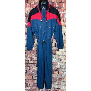 Vintage Marker LTD Epigal Ski Snow Suit Nylon Mens Medium Blue Red Hooded Belted